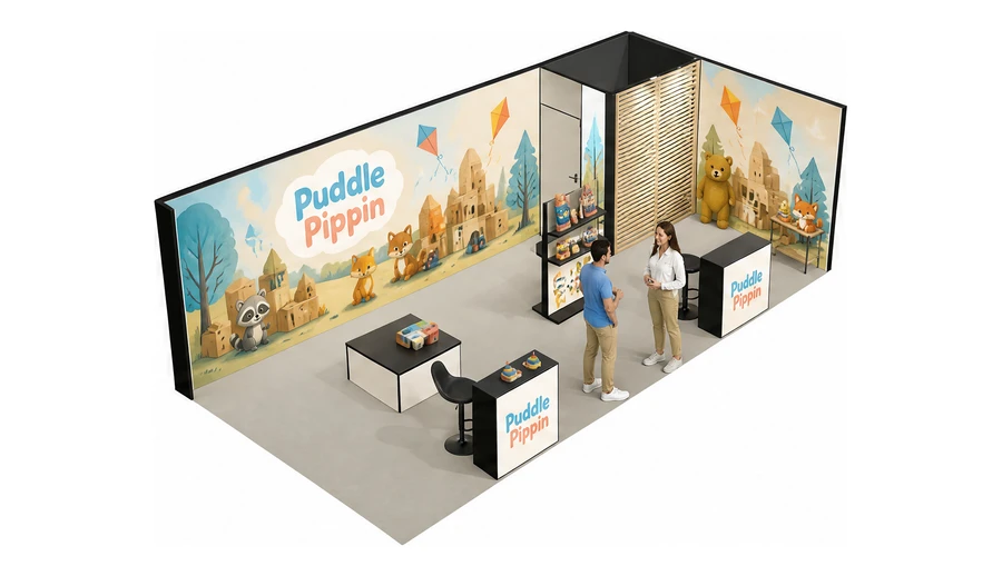 Stoisko 8 × 4 m narożne prawe dla branży zabawki i artykuły dziecięce, przykładowa marka Puddle Pippin