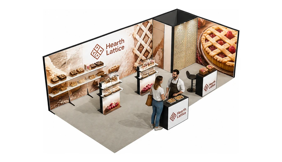 Stoisko 8 × 4 m narożne prawe dla branży piekarnictwo i cukiernictwo, przykładowa marka Hearth Lattice