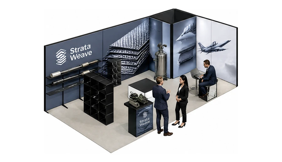 Stoisko 8 × 4 m narożne prawe dla branży materiały kompozytowe, przykładowa marka Strata Weave