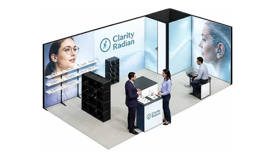 Stoisko 8 × 4 m narożne prawe dla branży optyka i audiologia, przykładowa marka Clarity Radian