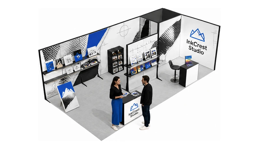 Stoisko 8 × 4 m narożne prawe dla branży reklama i druk, przykładowa marka InkCrest Studio