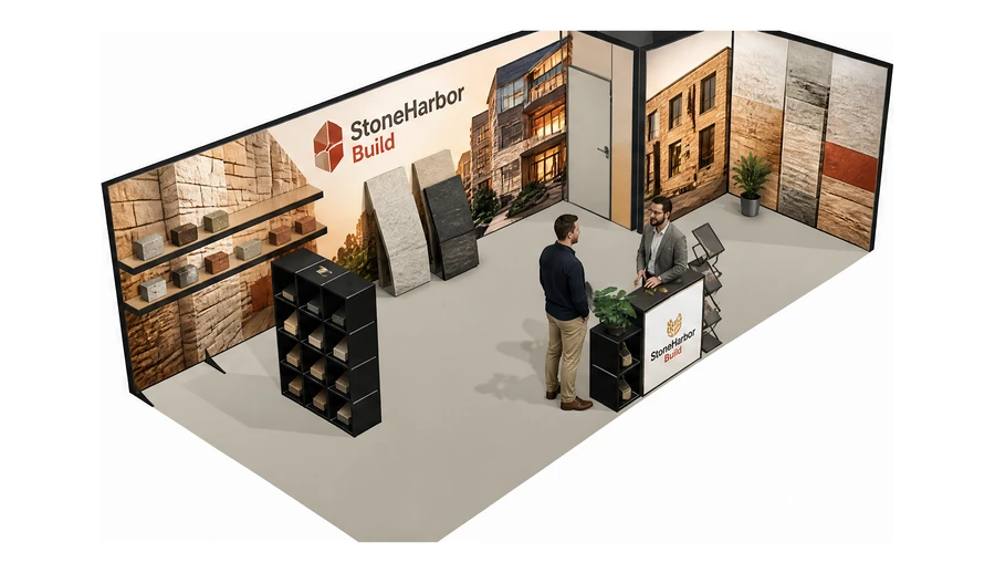 Stoisko 8 × 4 m narożne prawe dla branży materiały budowlane, przykładowa marka StoneHarbor Build