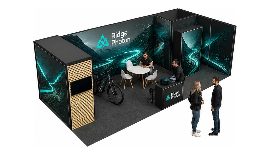 Stoisko 8 × 4 m narożne prawe dla branży rowery elektryczne, przykładowa marka Ridge Photon