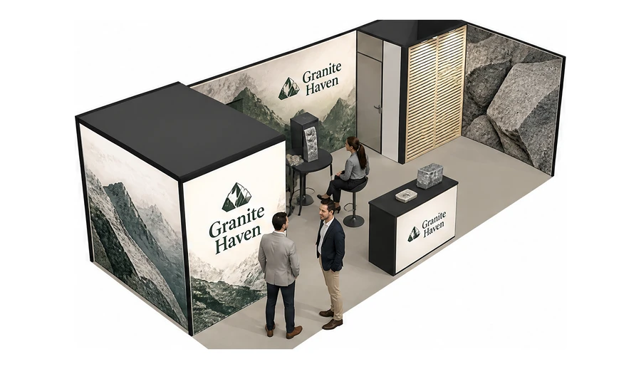 Stoisko 8 × 4 m narożne prawe dla branży kamień i kamieniarstwo, przykładowa marka Granite Haven