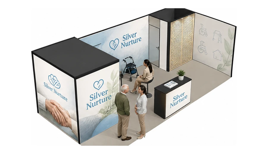Stoisko 8 × 4 m narożne prawe dla branży opieka senioralna, przykładowa marka Silver Nurture