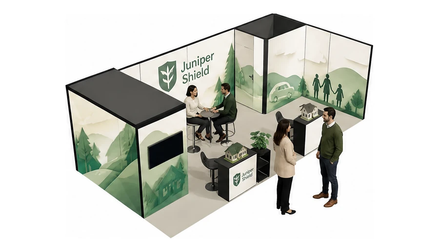 Stoisko 8 × 4 m narożne prawe dla branży ubezpieczenia, przykładowa marka Juniper Shield
