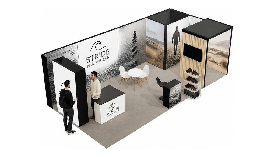 Stoisko 8 × 4 m narożne prawe dla branży obuwie, przykładowa marka Stride Harbor