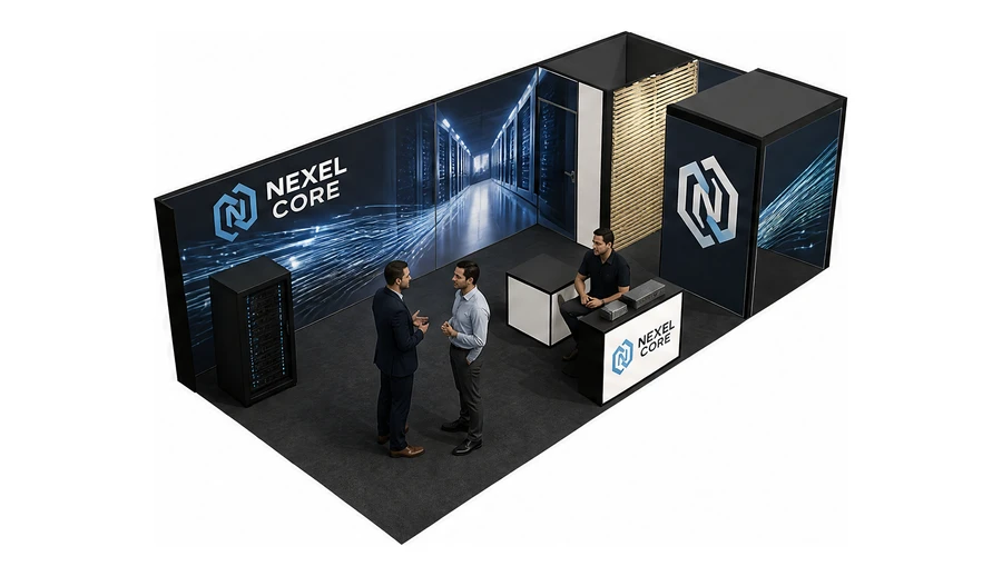 Stoisko 8 × 4 m narożne prawe dla branży infrastruktura IT i data center, przykładowa marka Nexel Core