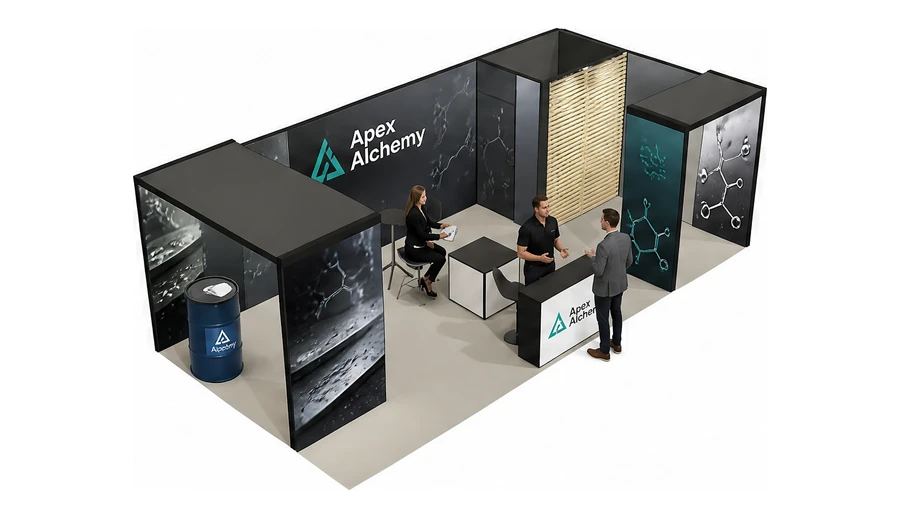 Stoisko 8 × 4 m narożne prawe dla branży chemia przemysłowa i powłoki, przykładowa marka Apex Alchemy