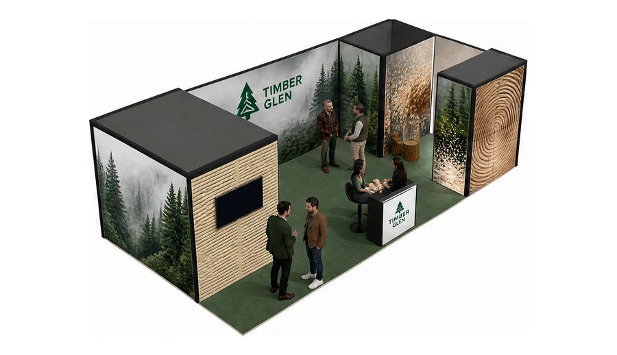 Stoisko 8 × 4 m narożne prawe dla branży leśnictwo i przemysł drzewny, przykładowa marka Timber Glen
