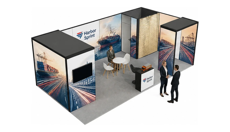Stoisko 8 × 4 m narożne prawe dla branży logistyka i spedycja, przykładowa marka Harbor Sprint