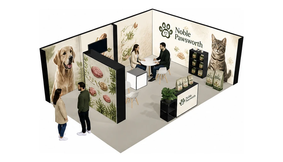 Stoisko 8 × 5 m narożne prawe dla branży karma dla zwierząt, przykładowa marka Noble Pawsworth