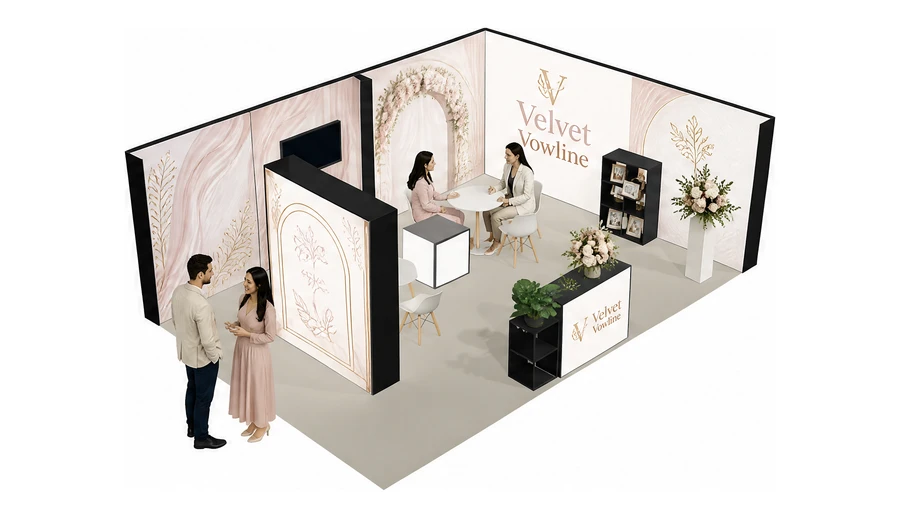 Stoisko 8 × 5 m narożne prawe dla branży branża ślubna, przykładowa marka Velvet Vowline