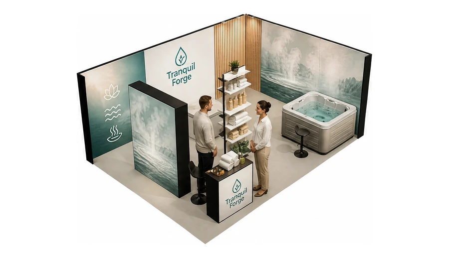 Stoisko 8 × 5 m narożne prawe dla branży spa i wellness, przykładowa marka Tranquil Forge