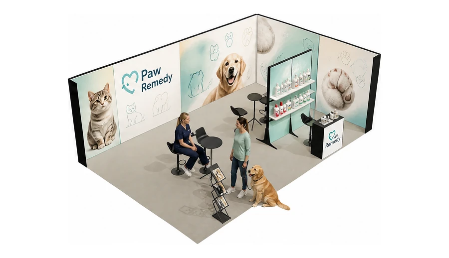 Stoisko 8 × 5 m narożne prawe dla branży weterynaria, przykładowa marka Paw Remedy