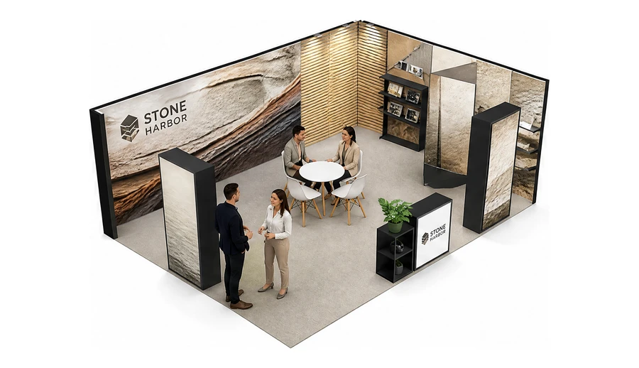 Stoisko 8 × 5 m narożne prawe dla branży materiały budowlane, przykładowa marka Stone Harbor