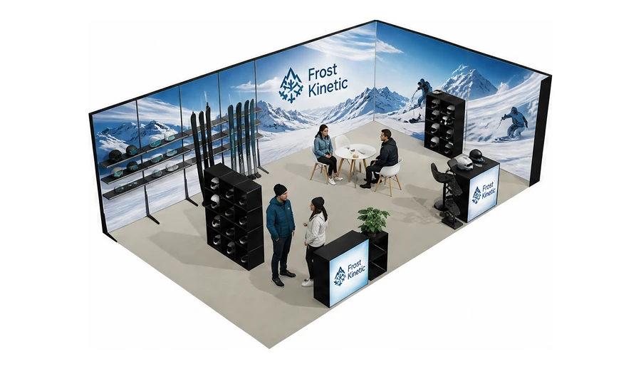 Stoisko 8 × 5 m narożne prawe dla branży narciarstwo i sporty zimowe, przykładowa marka Frost Kinetic