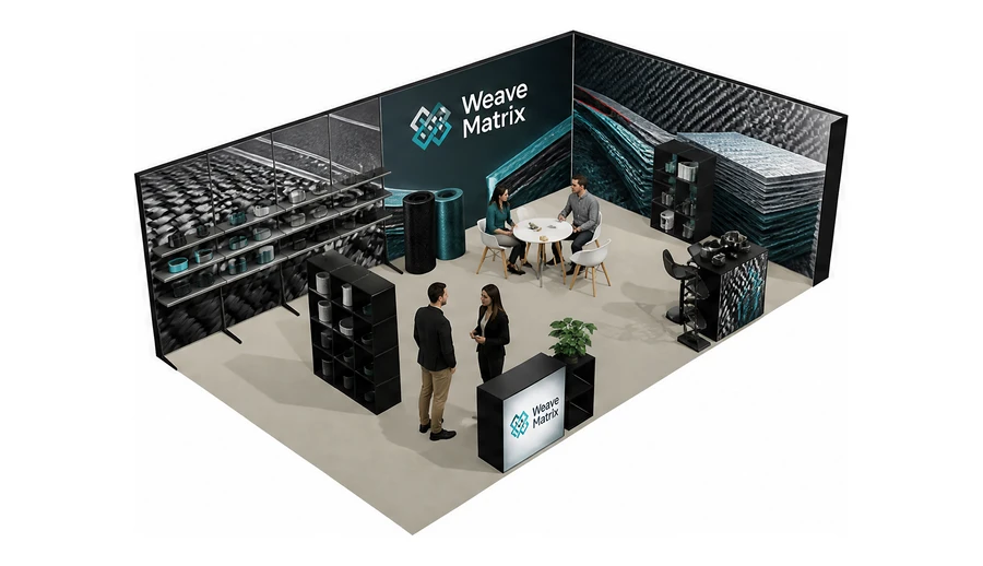 Stoisko 8 × 5 m narożne prawe dla branży materiały kompozytowe, przykładowa marka Weave Matrix