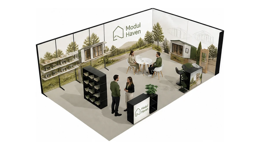 Stoisko 8 × 5 m narożne prawe dla branży domy modułowe i prefabrykacja, przykładowa marka Modul Haven