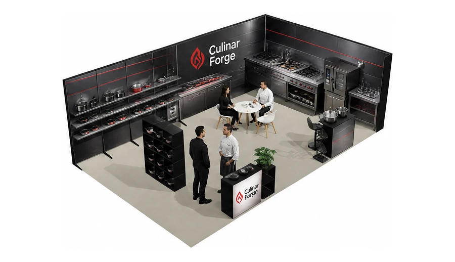 Stoisko 8 × 5 m narożne prawe dla branży wyposażenie gastronomii, przykładowa marka Culinar Forge