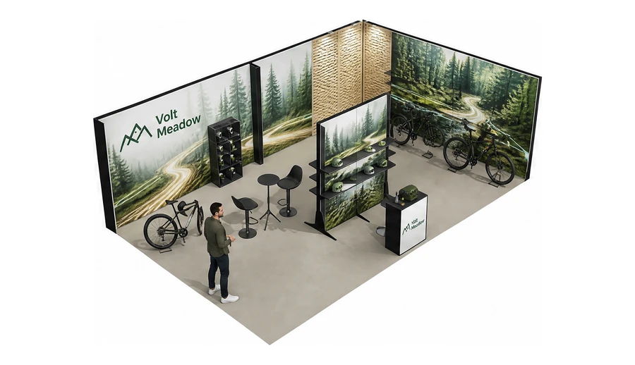 Stoisko 8 × 5 m narożne prawe dla branży rowery elektryczne, przykładowa marka Volt Meadow