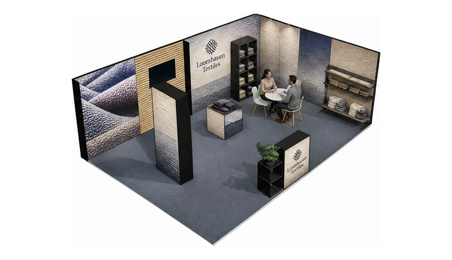 Stoisko 8 × 5 m narożne prawe dla branży tekstylia i tkaniny, przykładowa marka Loomhaven Textiles