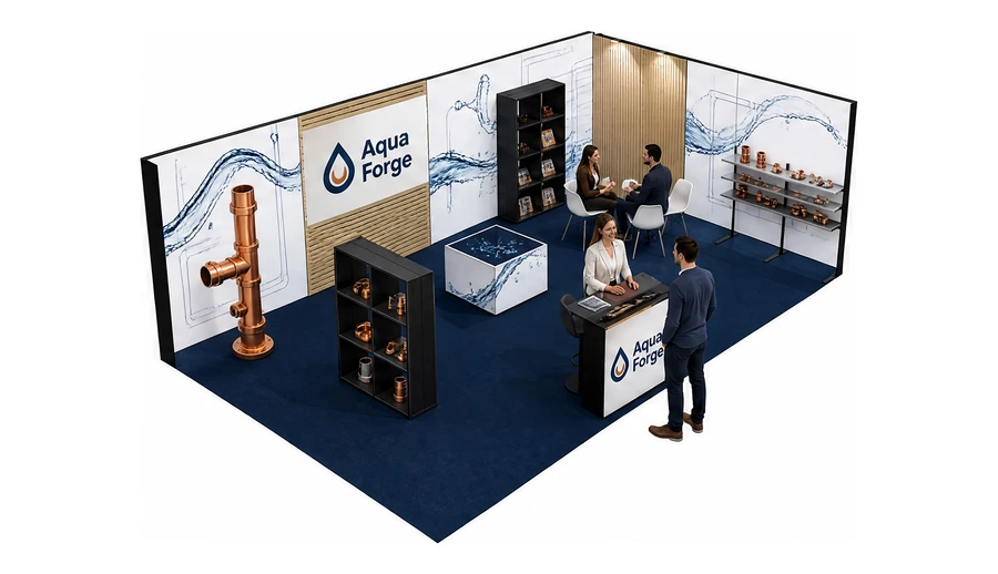 Stoisko 8 × 5 m narożne prawe dla branży instalacje wodno-kanalizacyjne, przykładowa marka Aqua Forge