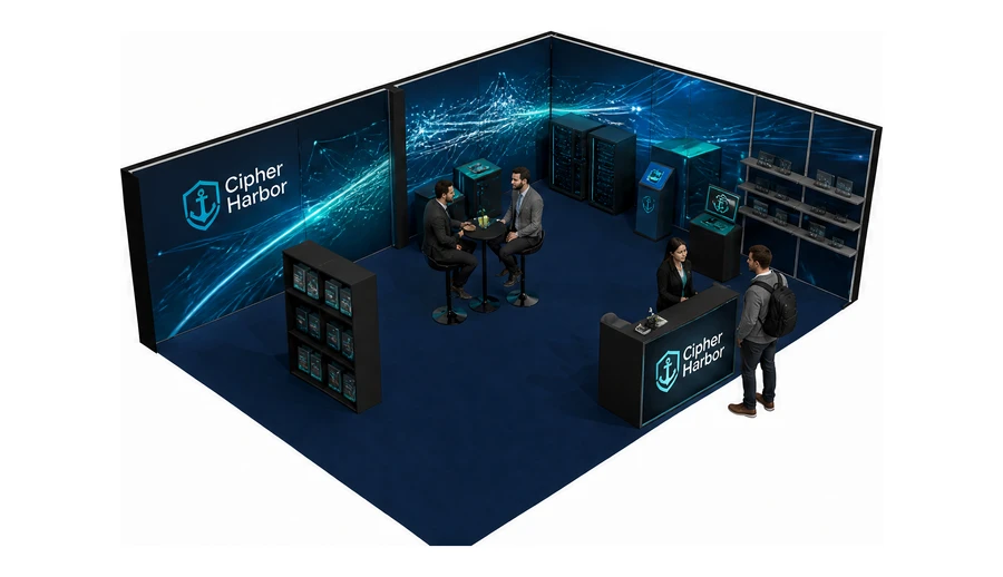 Stoisko 8 × 5 m narożne prawe dla branży cyberbezpieczeństwo, przykładowa marka Cipher Harbor