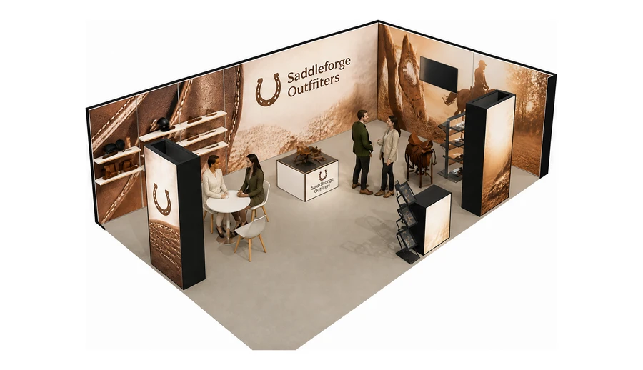 Stoisko 8 × 5 m narożne prawe dla branży jeździectwo, przykładowa marka Saddleforge Outfitters