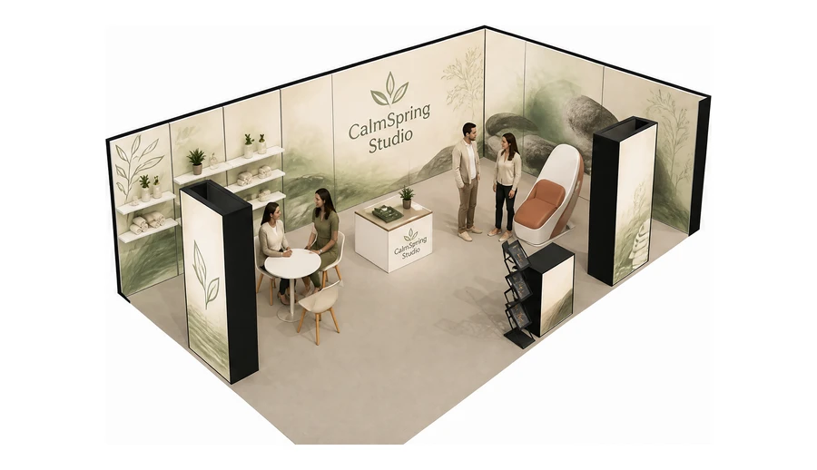 Stoisko 8 × 5 m narożne prawe dla branży spa i wellness, przykładowa marka CalmSpring Studio