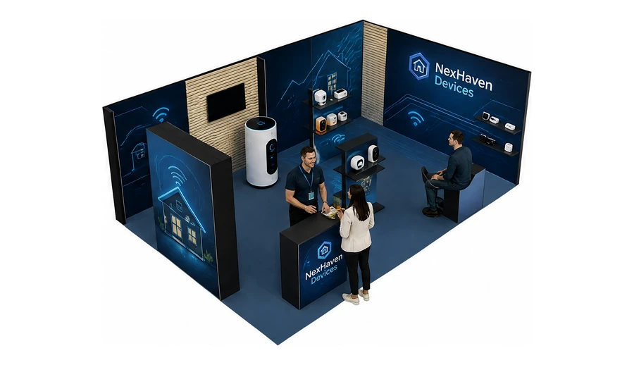 Stoisko 8 × 5 m narożne prawe dla branży smart home i IoT, przykładowa marka NexHaven Devices