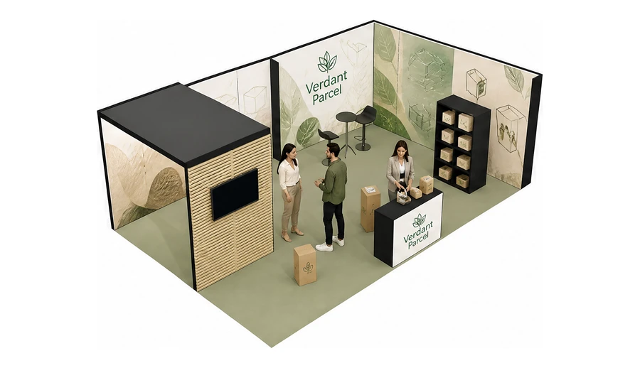 Stoisko 8 × 5 m narożne prawe dla branży opakowania ekologiczne, przykładowa marka Verdant Parcel