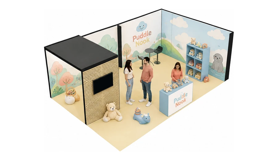 Stoisko 8 × 5 m narożne prawe dla branży zabawki i artykuły dziecięce, przykładowa marka Puddle Nook