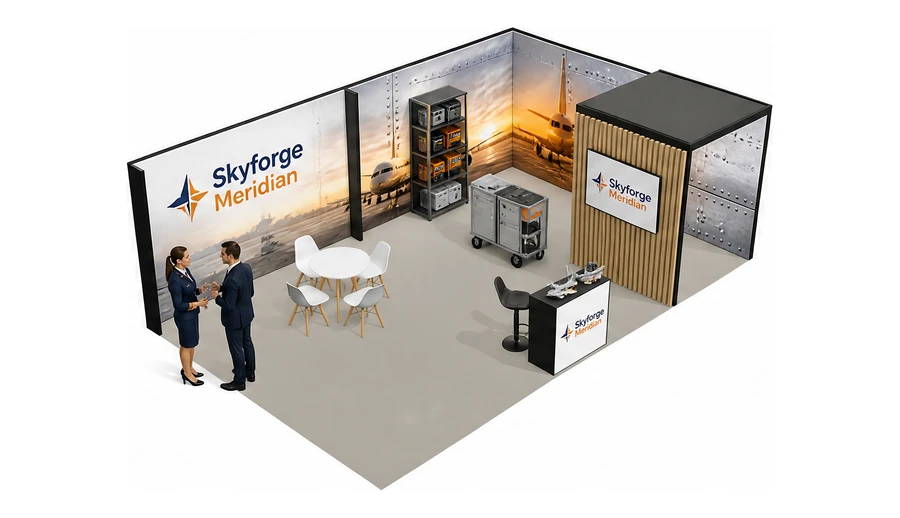 Stoisko 8 × 5 m narożne prawe dla branży lotnictwo, przykładowa marka Skyforge Meridian