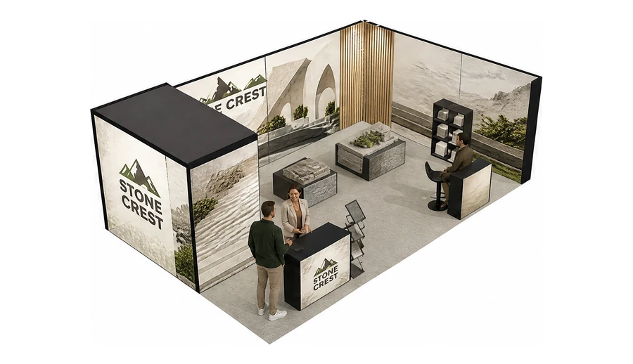Stoisko 8 × 5 m narożne prawe dla branży materiały budowlane, przykładowa marka Stone Crest