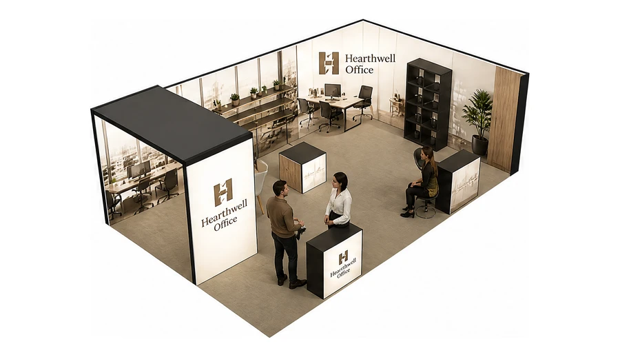 Stoisko 8 × 5 m narożne prawe dla branży meble biurowe, przykładowa marka Hearthwell Office