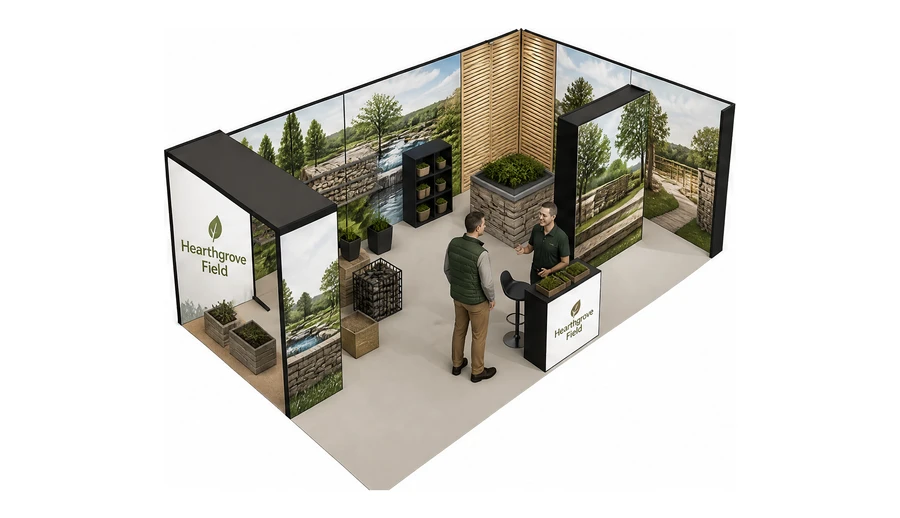 Stoisko 8 × 5 m narożne prawe dla branży ogród i architektura krajobrazu, przykładowa marka Hearthgrove Field