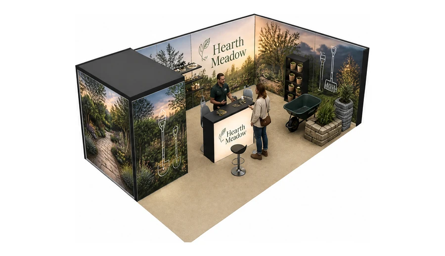 Stoisko 8 × 5 m narożne prawe dla branży ogród i architektura krajobrazu, przykładowa marka Hearth Meadow