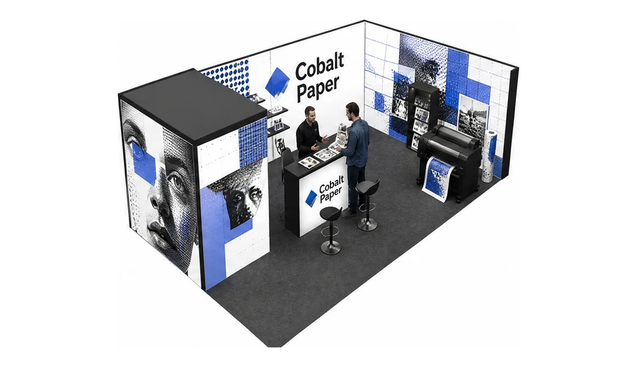 Stoisko 8 × 5 m narożne prawe dla branży reklama i druk, przykładowa marka Cobalt Paper