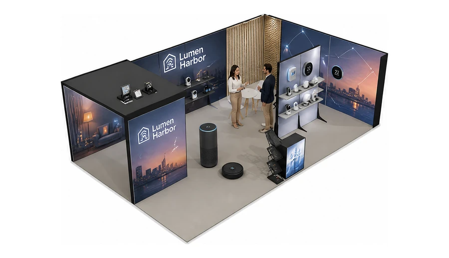 Stoisko 8 × 5 m narożne prawe dla branży smart home i IoT, przykładowa marka Lumen Harbor