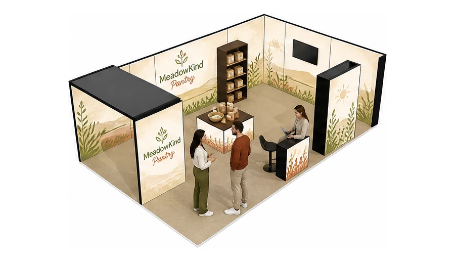 Stoisko 8 × 5 m narożne prawe dla branży żywność ekologiczna, przykładowa marka MeadowKind Pantry