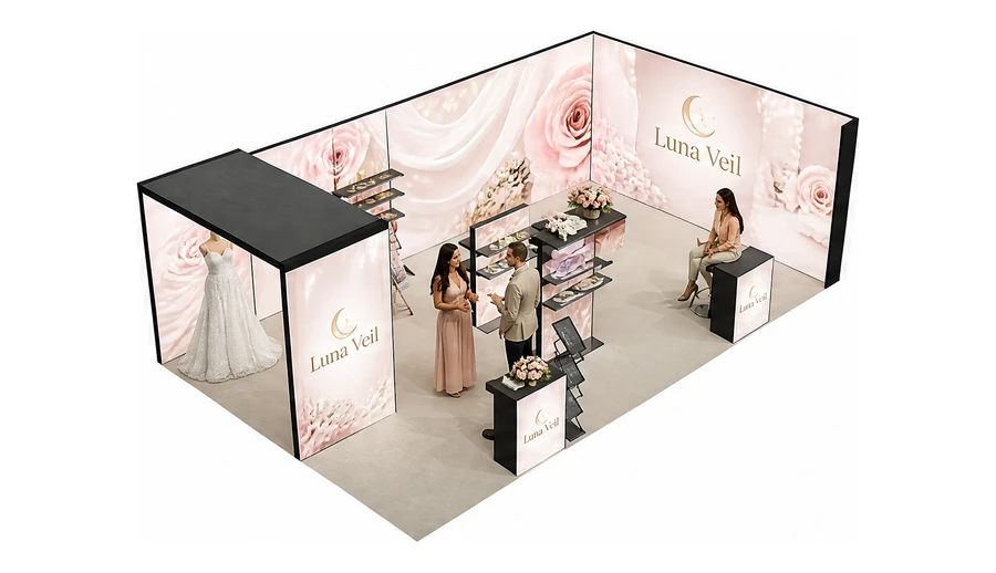 Stoisko 8 × 5 m narożne prawe dla branży branża ślubna, przykładowa marka Luna Veil