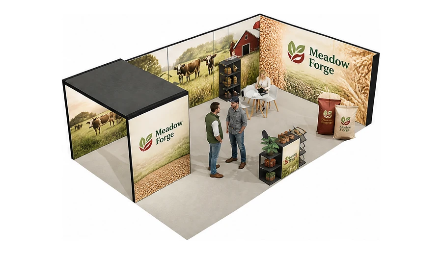 Stoisko 8 × 5 m narożne prawe dla branży hodowla i pasze, przykładowa marka Meadow Forge