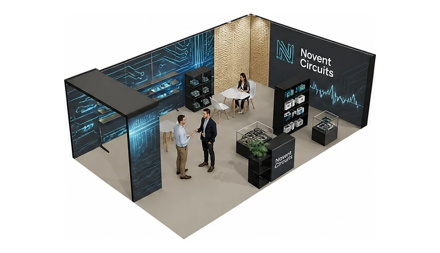 Stoisko 8 × 5 m narożne prawe dla branży komponenty elektroniczne, przykładowa marka Novent Circuits