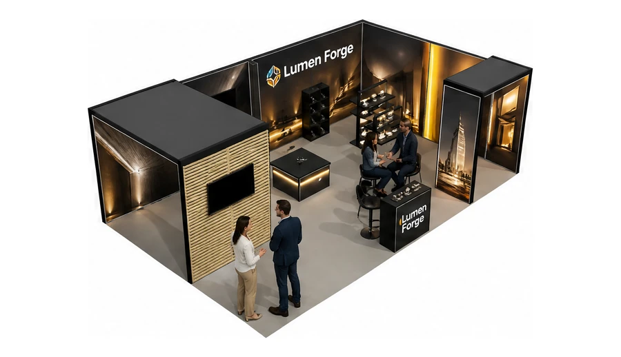 Stoisko 8 × 5 m narożne prawe dla branży oświetlenie, przykładowa marka Lumen Forge