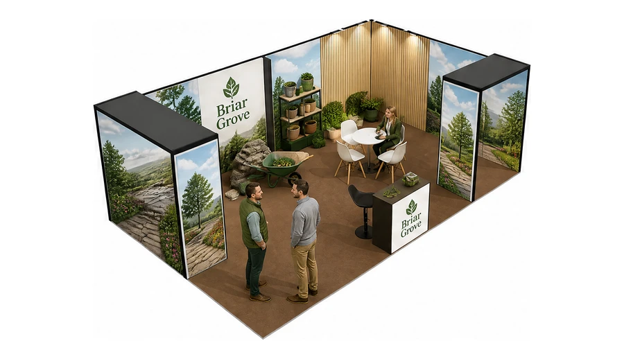 Stoisko 8 × 5 m narożne prawe dla branży ogród i architektura krajobrazu, przykładowa marka Briar Grove