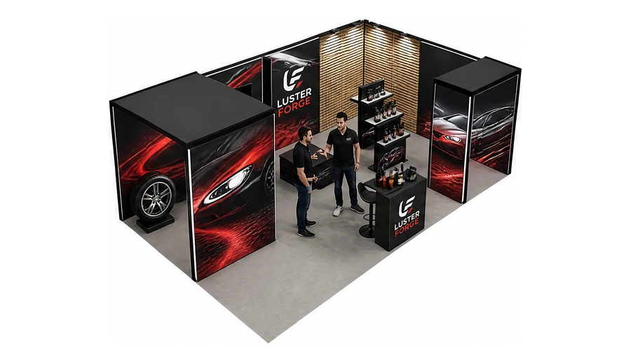 Stoisko 8 × 5 m narożne prawe dla branży tuning i detailing, przykładowa marka Luster Forge