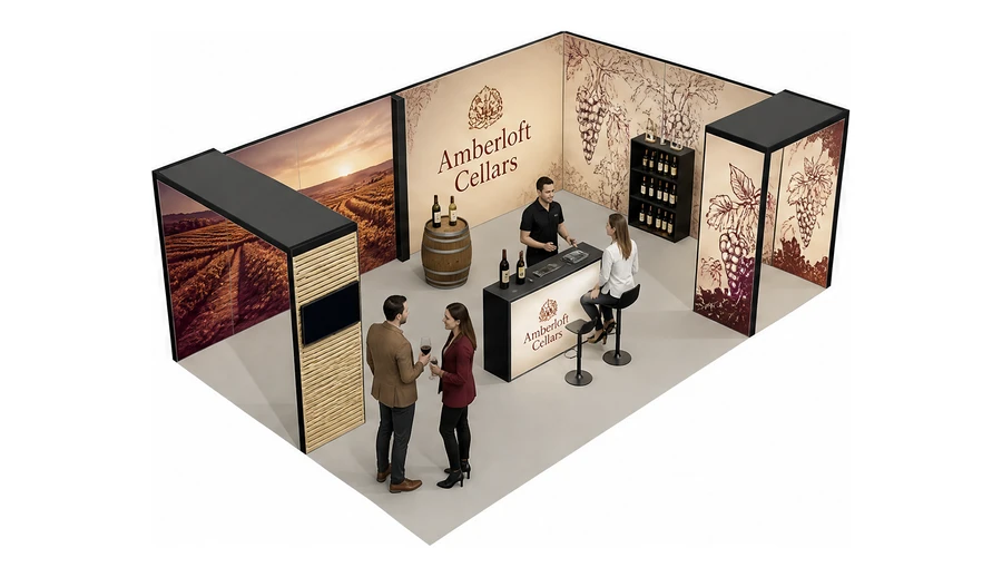 Stoisko 8 × 5 m narożne prawe dla branży winnica, przykładowa marka Amberloft Cellars