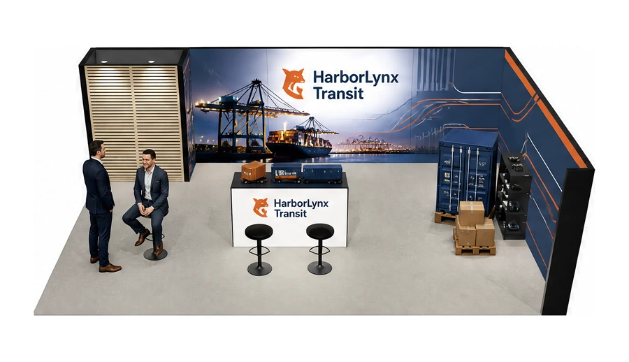 Stoisko 8 × 5 m narożne prawe dla branży logistyka i spedycja, przykładowa marka HarborLynx Transit