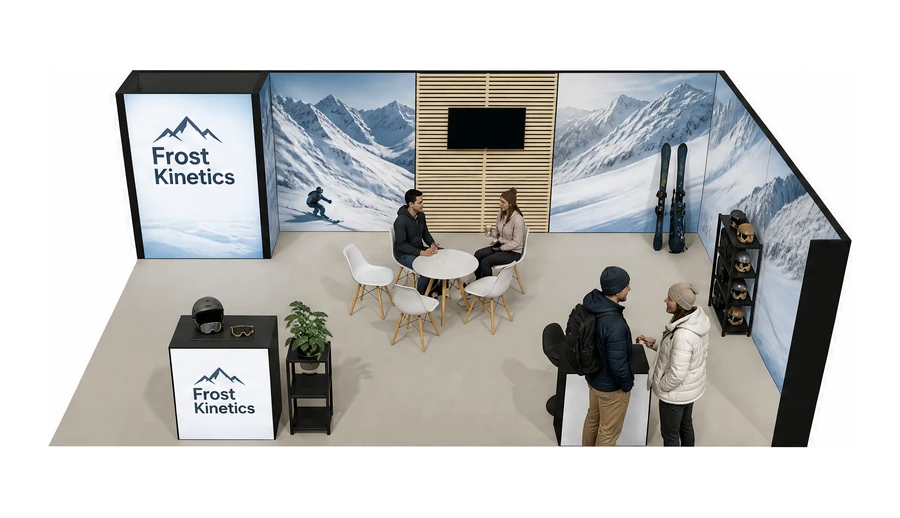 Stoisko 8 × 5 m narożne prawe dla branży narciarstwo i sporty zimowe, przykładowa marka Frost Kinetics